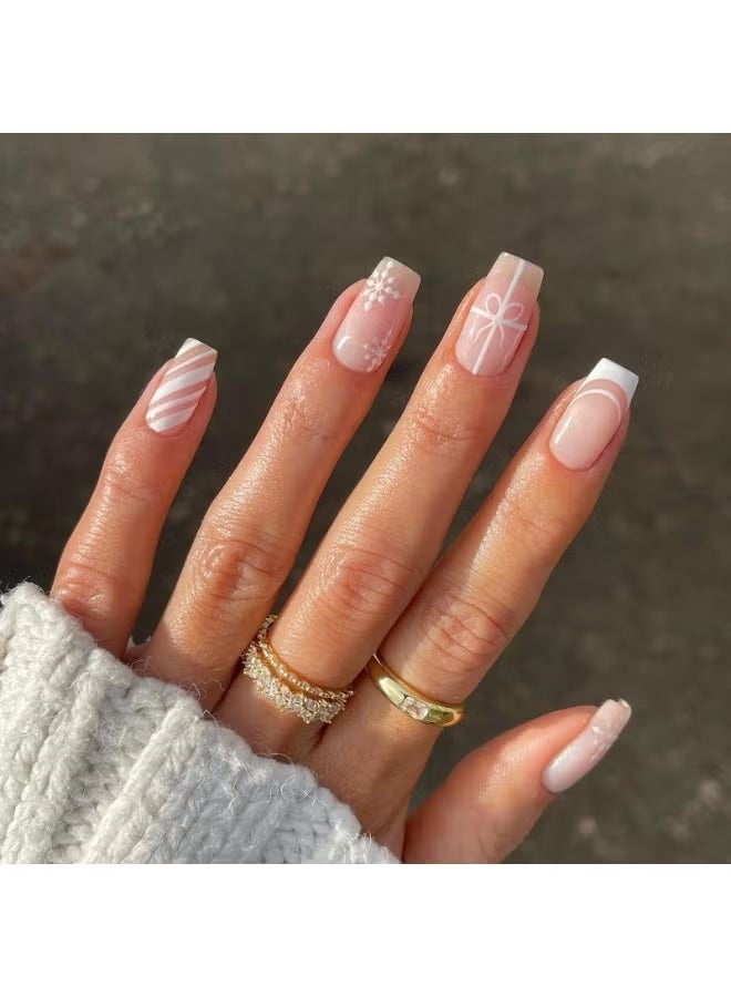 HTKCRX Christmas Gift Style French Press On Nails with White Lines & Snowflake Patterns Glossy Finish Natural Fit Eco-Friendly ABS Material One-Minute Salon Result Reusable Nail Art Set - Image 1